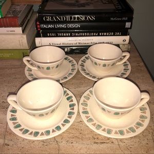 Metlox Navajo Poppytrail Coffee Cups and Saucers Set of 4 Teal Tan and Cream